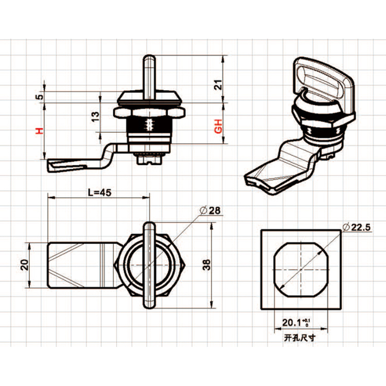 Nupin tyyppi Cam Lock-A6306-3